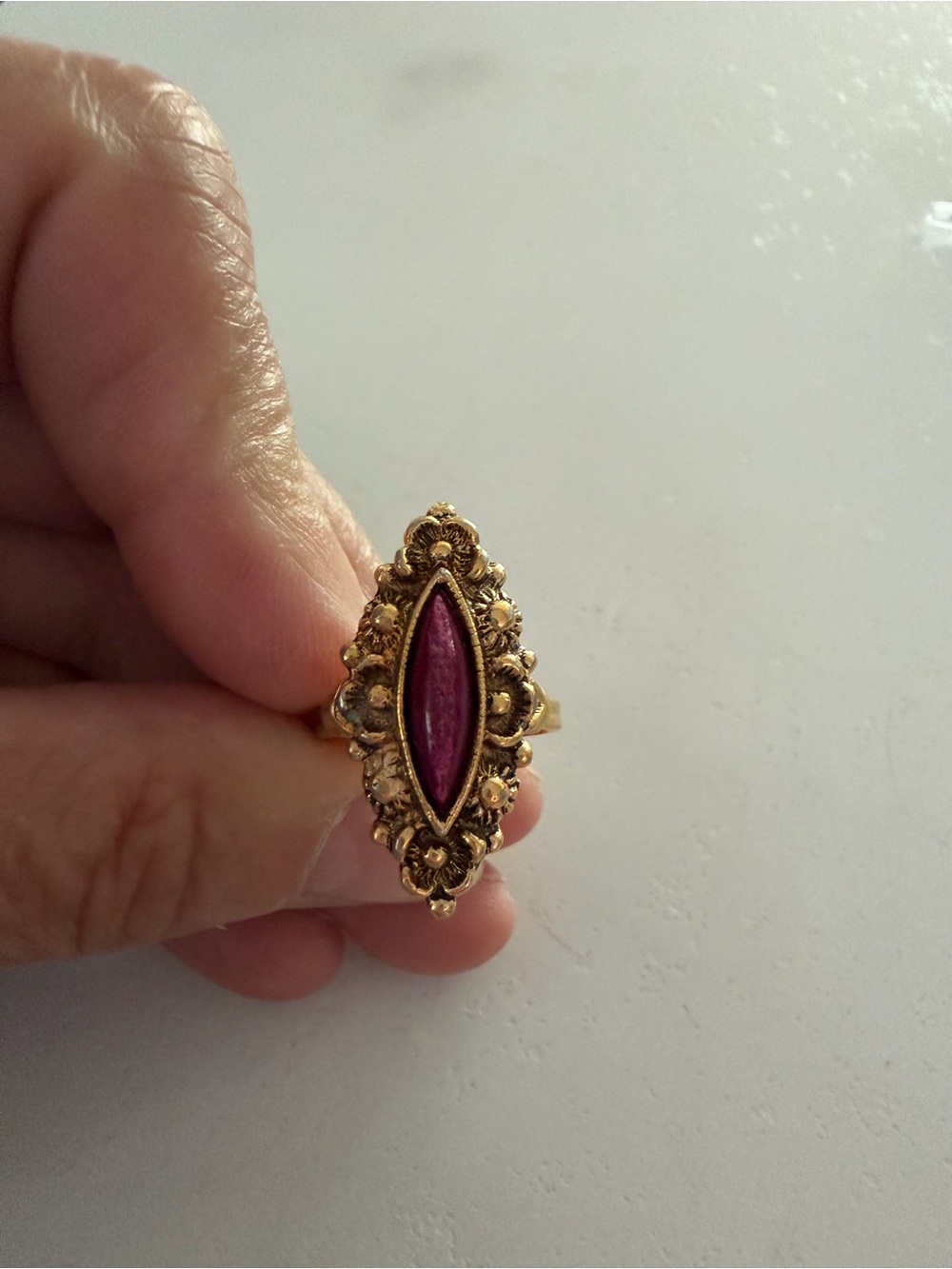 Vintage Sarah Coventry Gold-Tone Filigree Ring with Pink Marquise Stone